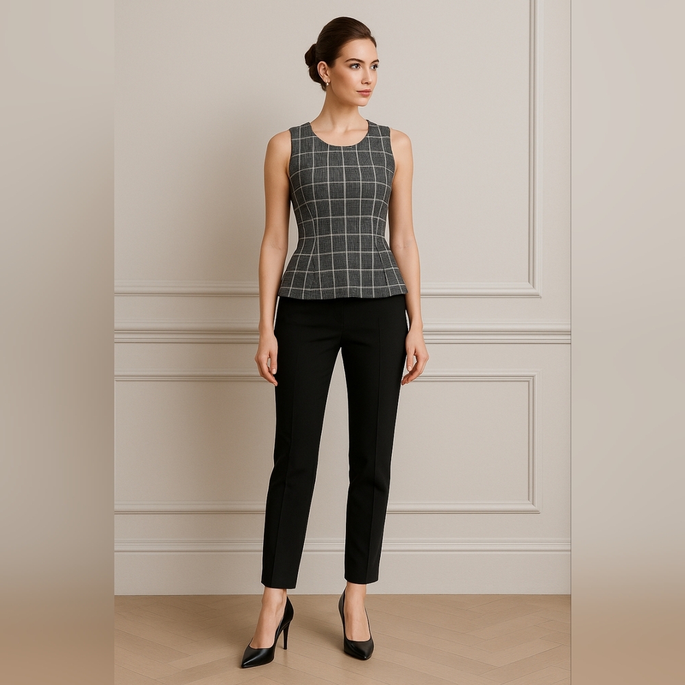 White House Black Market Windowpane Peplum Top M Black Plaid Office Chic